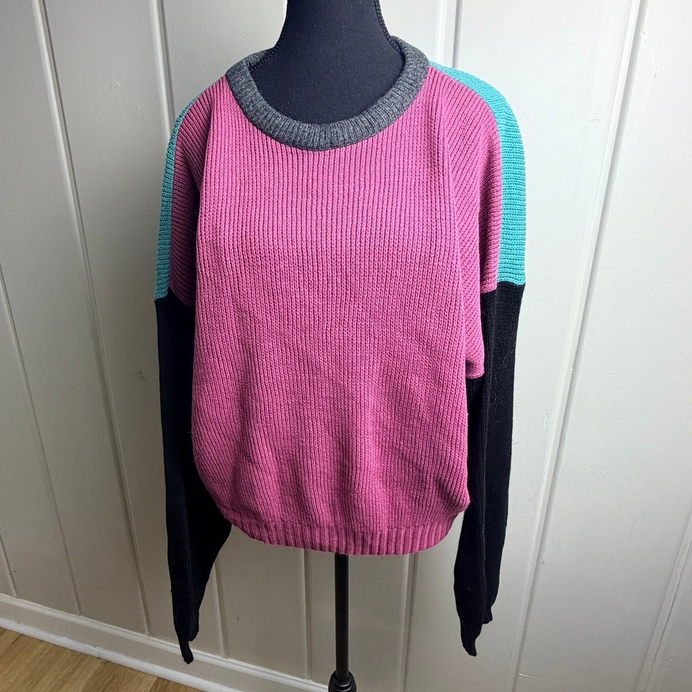 Vintage Fluid Colorblock Sweater Pink Teal Black Made in USA Mens Medium Retro
